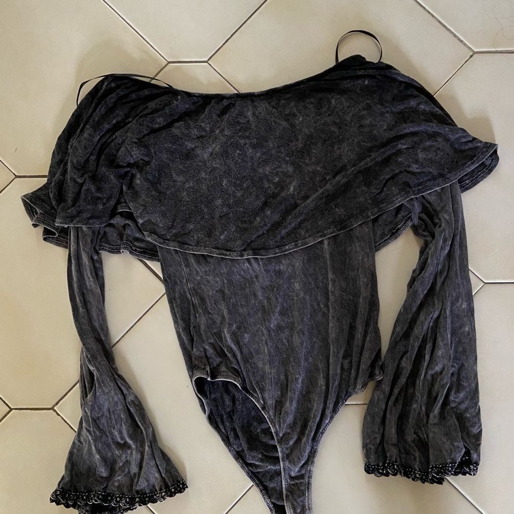 Off shoulder dark wash body suit